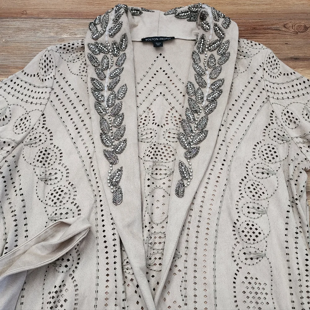 Boston Proper Jacket Women's M Beige Embellished Faux Suede Mid Length Boho